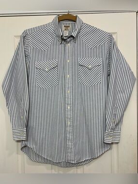 Vintage Ruddock White Black Blue Striped Western Long Sleeve Shirt.       4018S